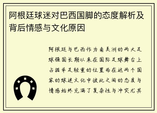 阿根廷球迷对巴西国脚的态度解析及背后情感与文化原因